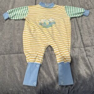 Vintage Color Track Baby One Piece Romper Baby 12mo Yellow White Stripe Snaps